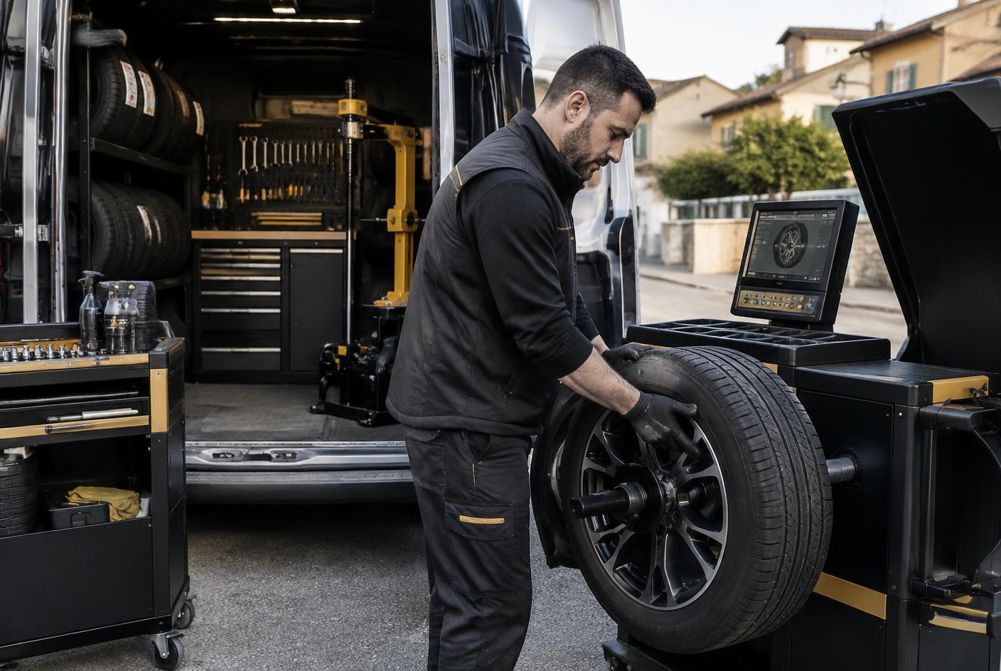 Officina mobile attrezzata per il cambio gomme